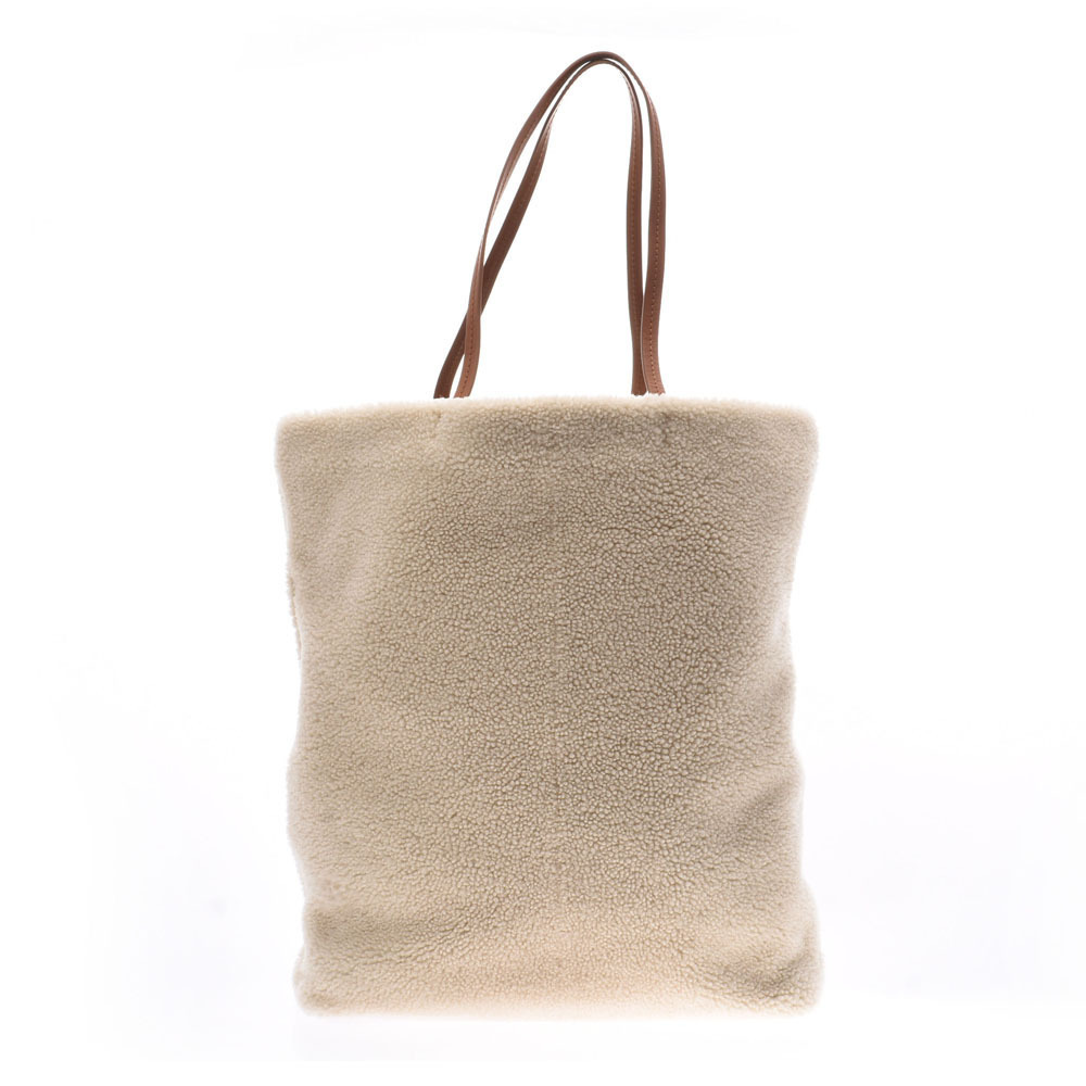 Saint Laurent White Brown Mouton Leather Tote Bag